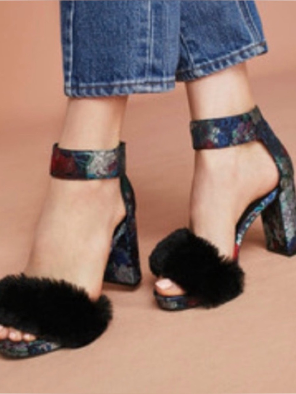 Jeffrey Campbell Black Fur-Trim Multicolor Block Heels